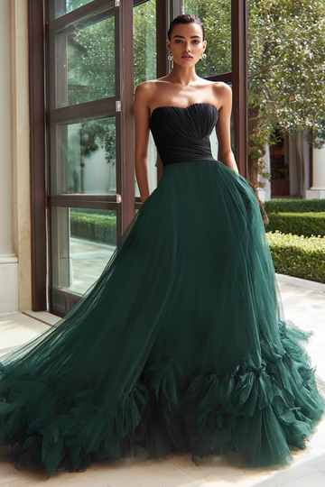 Zwarte en Groene Tule A Line Strapless Lange Formele Jurk